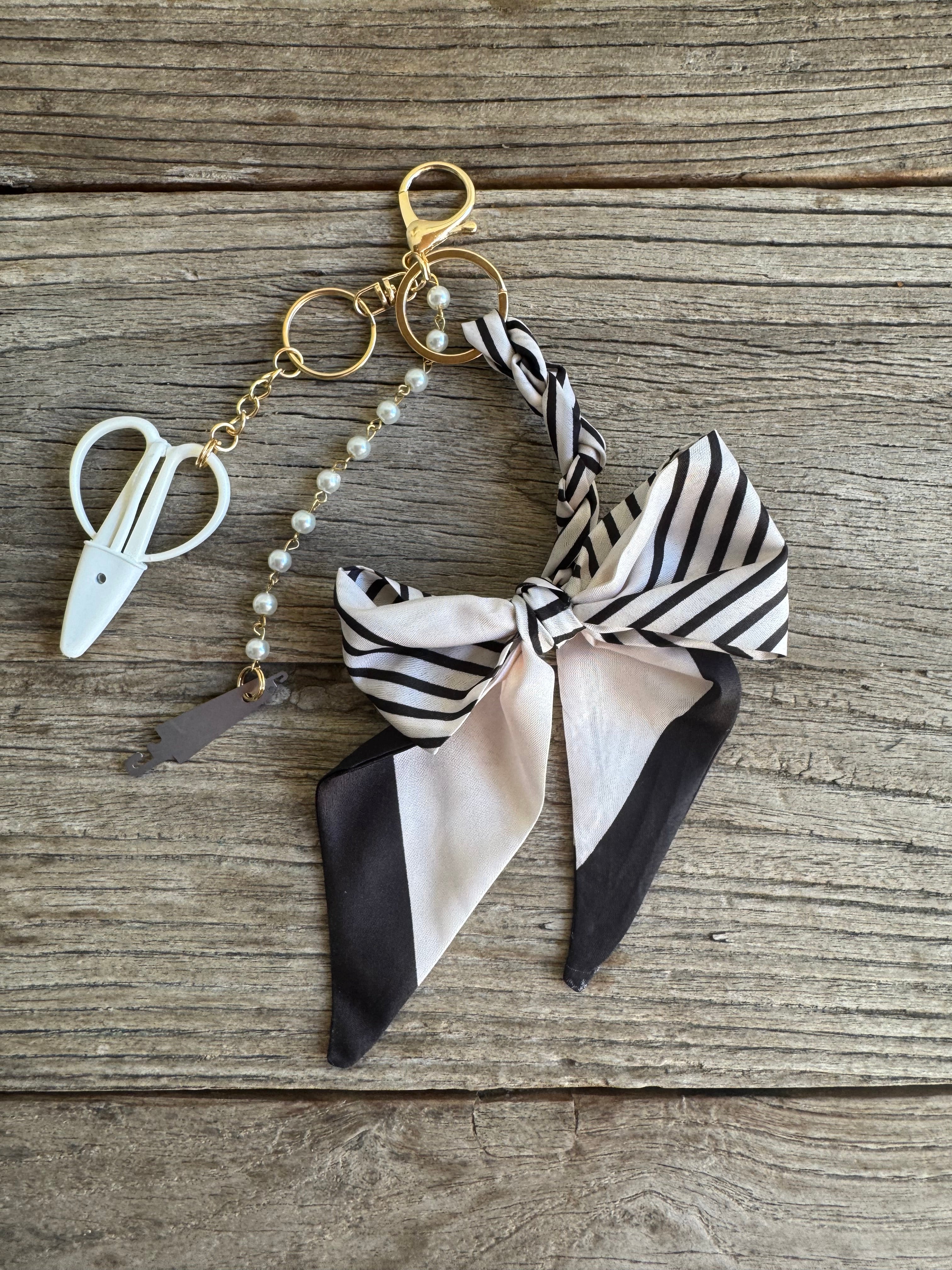 Black & White Striped Bow Keychain Chatelaine