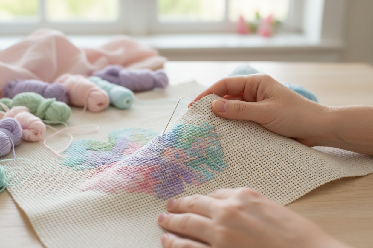 Person working on a needlepoint project with colorful yarn on a wooden table.