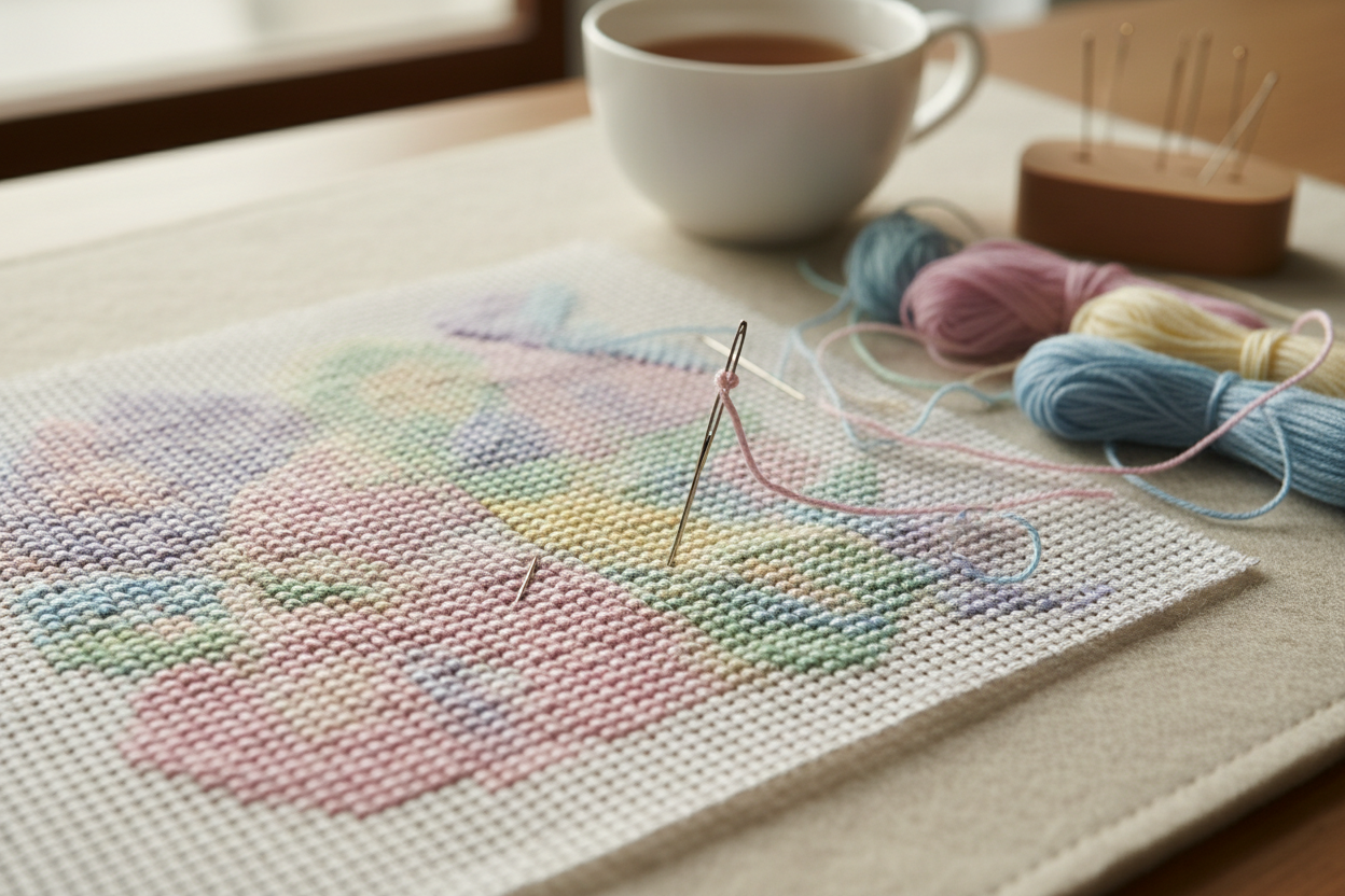 Needlepoint project with colorful yarn and a cup of tea on a wooden table.